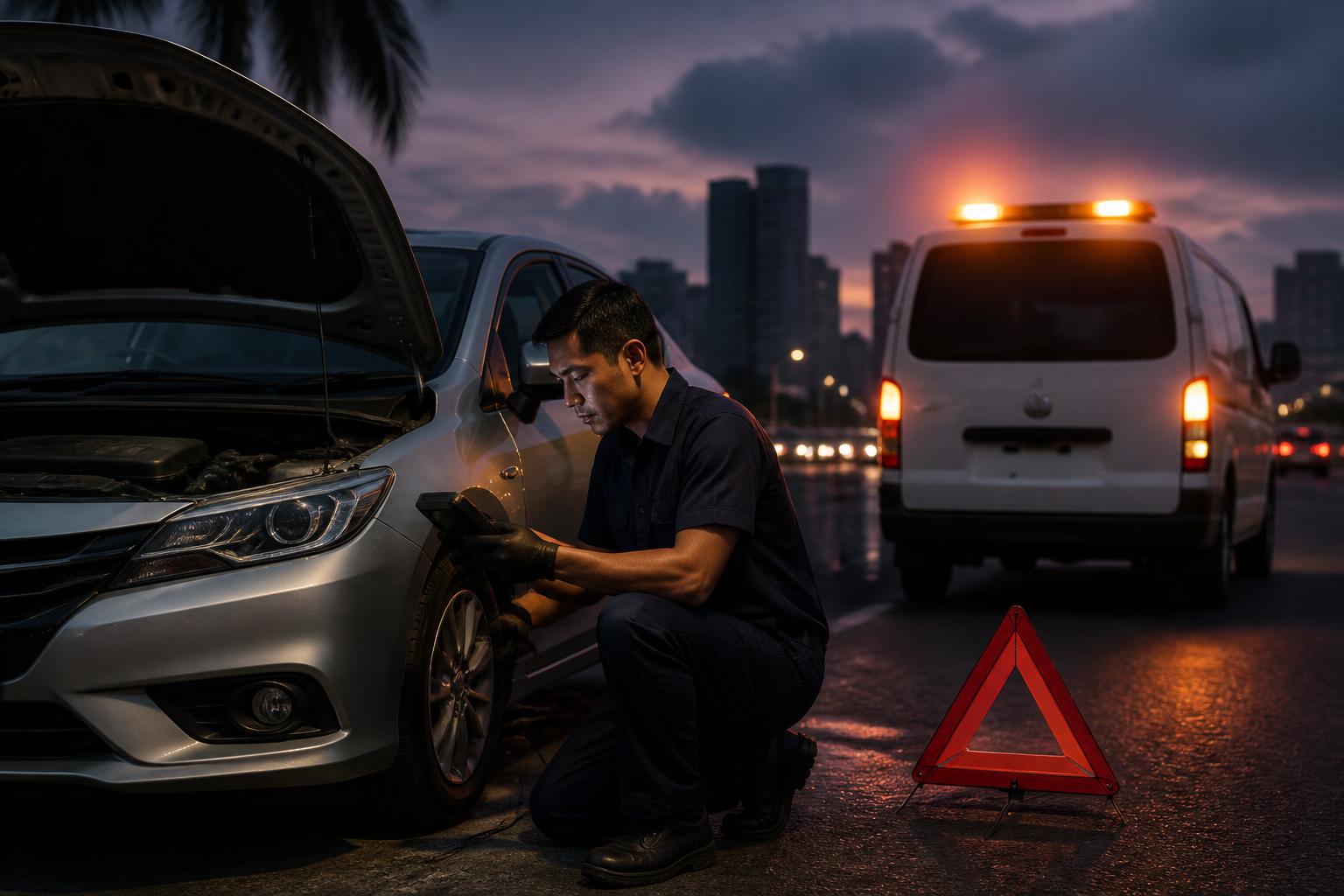 Montir SolusiMobilmu membantu pengecekan mobil yang mogok di pinggir jalan kota Jakarta